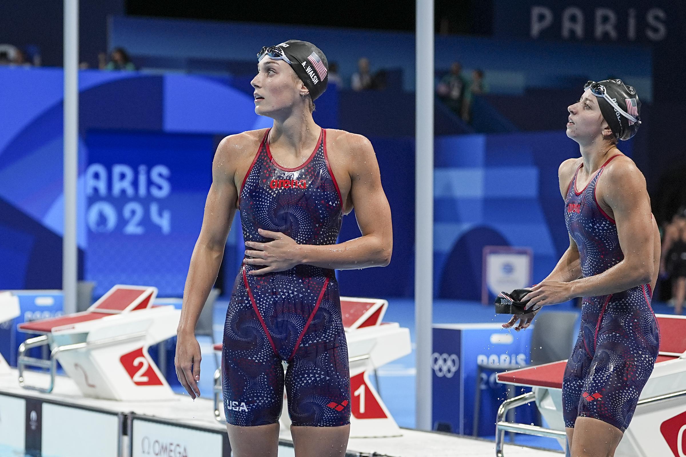 Alex Walsh and Kate Douglass reacts after Alex being disqualified in the Women's 200m Individual Medley Final at the Olympic Games Paris 2024 in Nanterre, France, on August 3, 2024. | Source: Getty Image