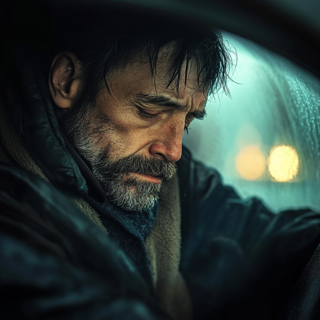 Homeless man in a car looking down | Source: Midjourney