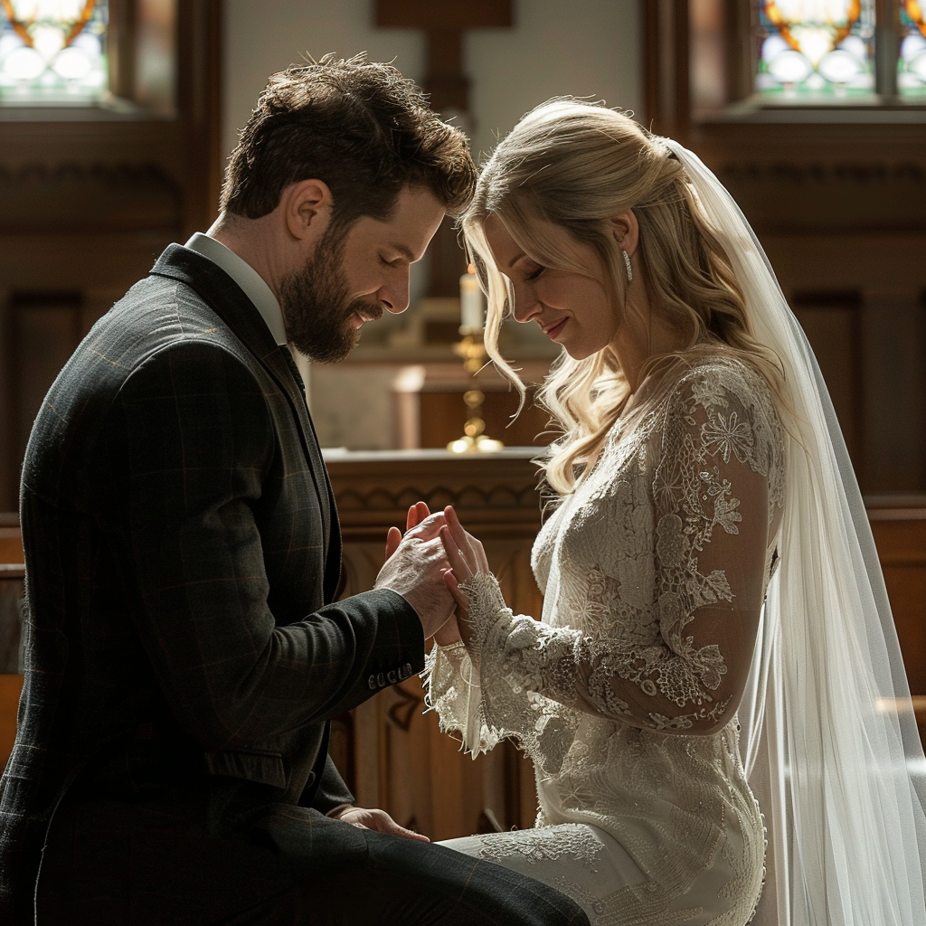 Michael and Ingrid share an emotional moment in the church | Source: Midjourney