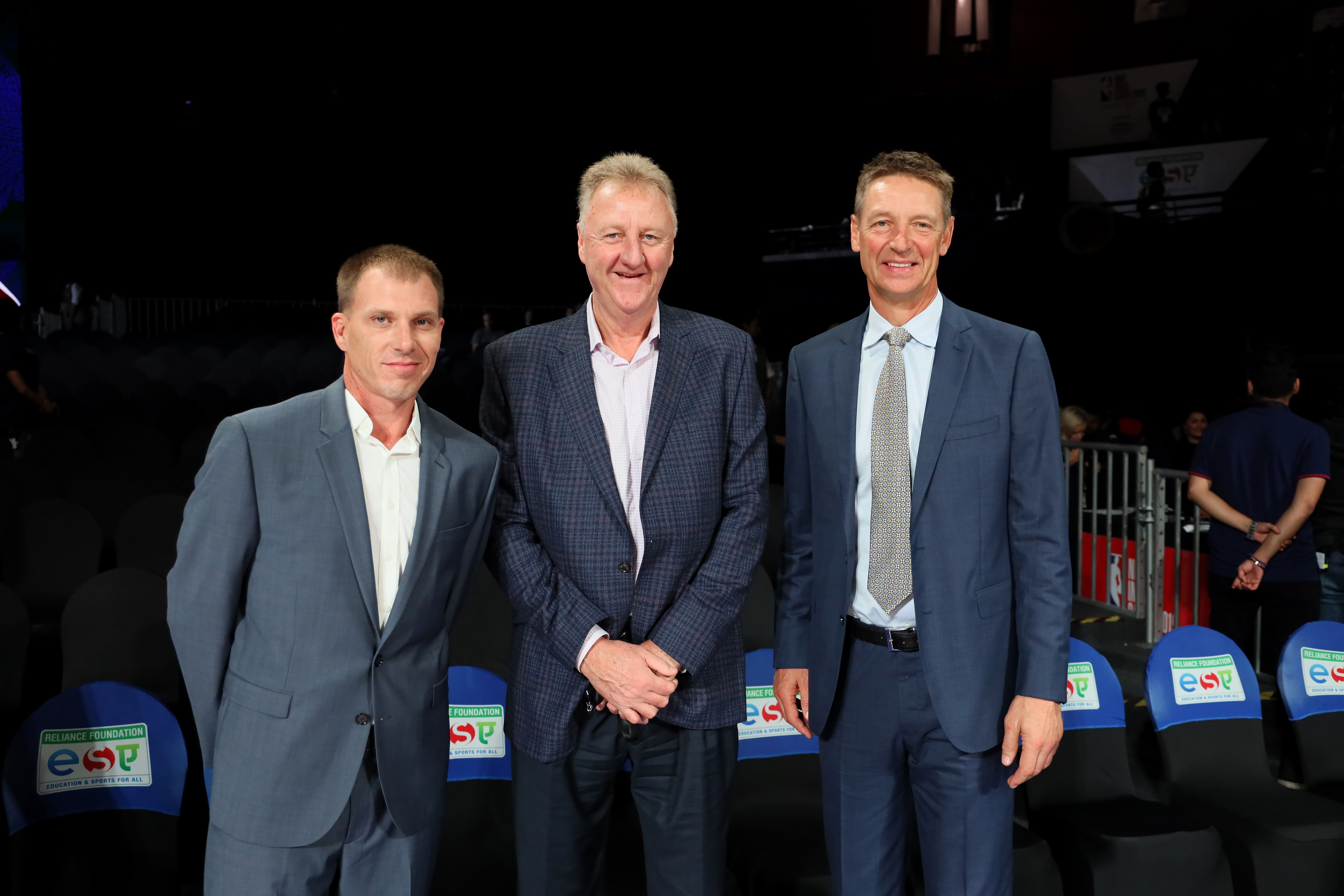 Jason Williams, Larry Bird, and Detlef Schrempf at the NSCI Dome in Mumbai, India on October 4, 2019 | Source: Getty Images