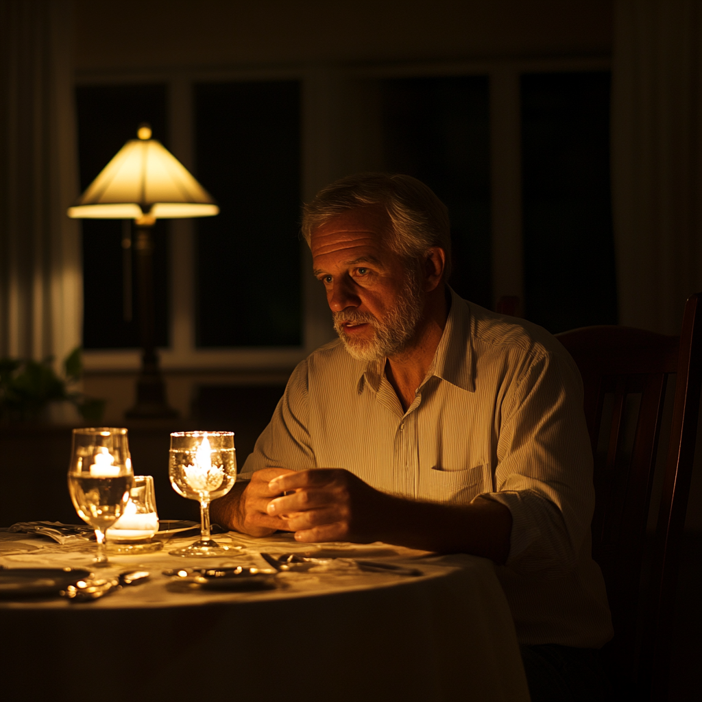 An older man sitting at a dining table | Source: Midjourney