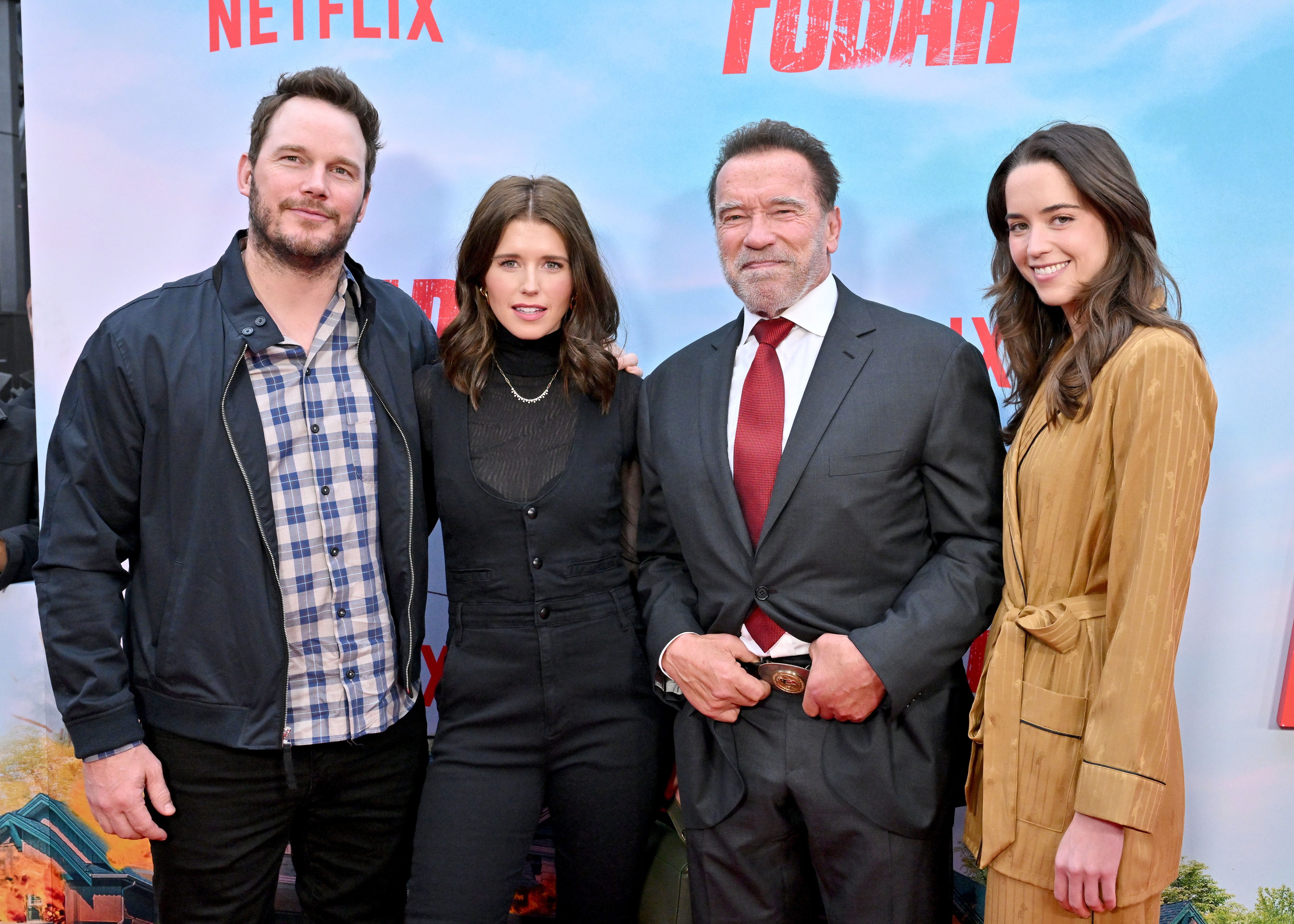 (L-R) Chris Pratt, Katherine, Arnold, and Christina Schwarzenegger attend the Los Angeles premiere of "FUBAR," in 2023 | Source: Getty Images