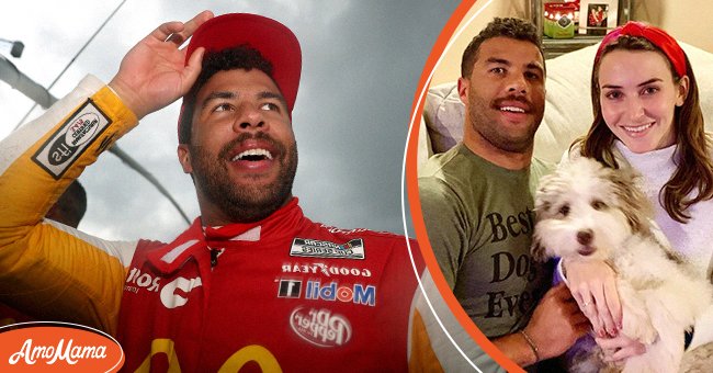 Bubba Wallace after winning the NASCAR Cup Series YellaWood 500 at Talladega Superspeedway, 2021, Talladega, Alabama [Left] Wallace, his fiancee, Amanda Carter, and their dog Asher pictured together on Instagram in 2020 [Right] | Source: Instagram/amandacarter17 & Getty Images