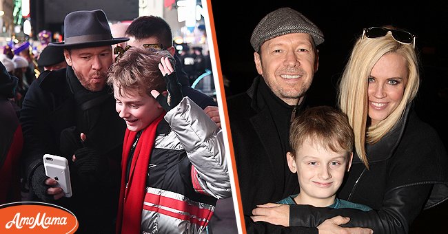 [Left] Donnie Wahlberg and Evan Joseph Asher pose for selfies during Dick Clark's 2017 New Year's Rockin' Eve at Times Square; [Right] Donnie Wahlberg and his wife Jenny McCarthy with their son Evan Asher pose backstage at the musical "Cinderella" on Broadway at The Broadway Theater in New York City on November 16, 2014. | Source: Getty Images
