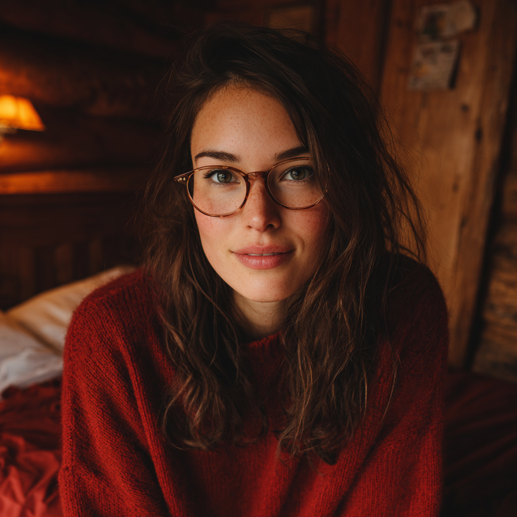 A smiling woman sitting on a bed | Source: Midjourney