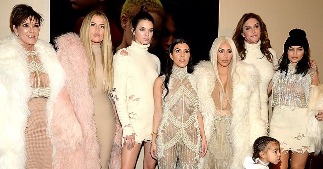 Kris Jenner, Khloe Kardashian, Kendall Jenner, (L-R) Kourtney Kardashian, Kim Kardashian West, Caitlyn Jenner, Kylie Jenner, and North West (below) attend Kanye West's Yeezy Season 3 event at Madison Square Garden, February 2016 | Source: Getty Images