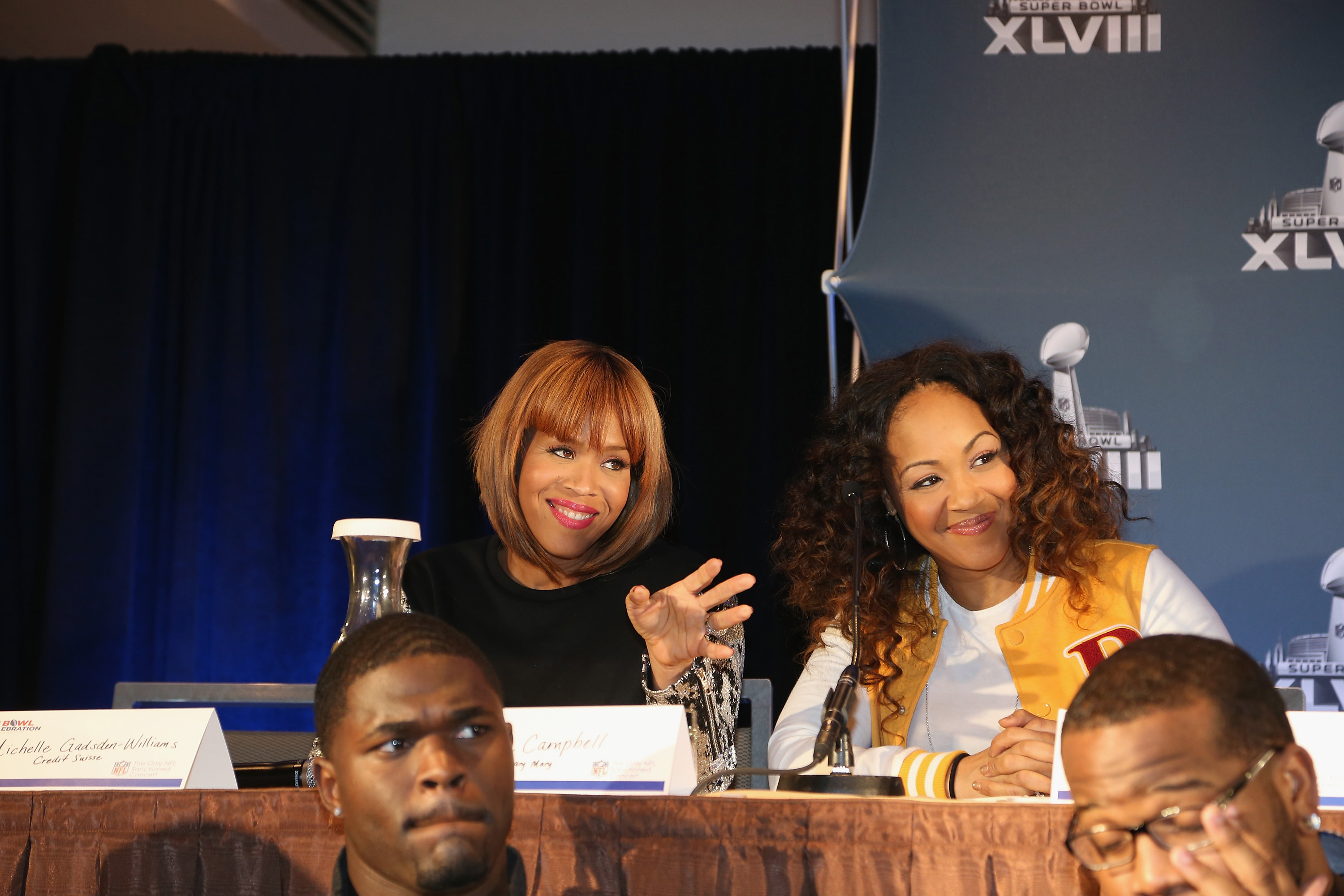 Tina Campbell and Erica Campbell of the gospel duo Mary Mary attend the Super Bowl Gospel Celebration Concert Press Conference at the Super Bowl XLVIII Media Center, Sheraton Times Square on January 30, 2014, in New York City | Source: Getty Images