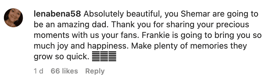 A fan's comment on Shemar Moore's Instagram post showing off his newborn daughter, Frankie Melelina Kapule Moore, on January 30, 2023 | Source: Instagram/shemarfmoore