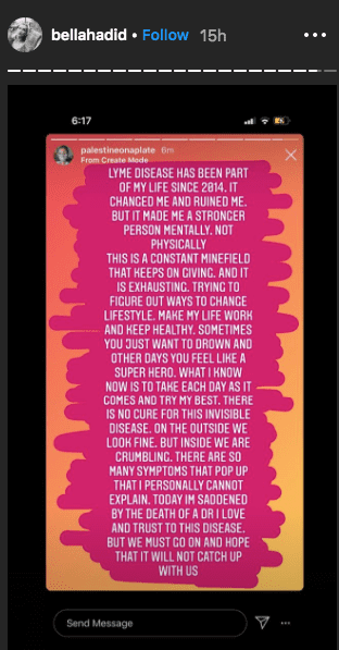 Screenshot from Bella Hadid's Instagram Stories on August 25, 2020. | Photo: Instagram/Bella Hadid