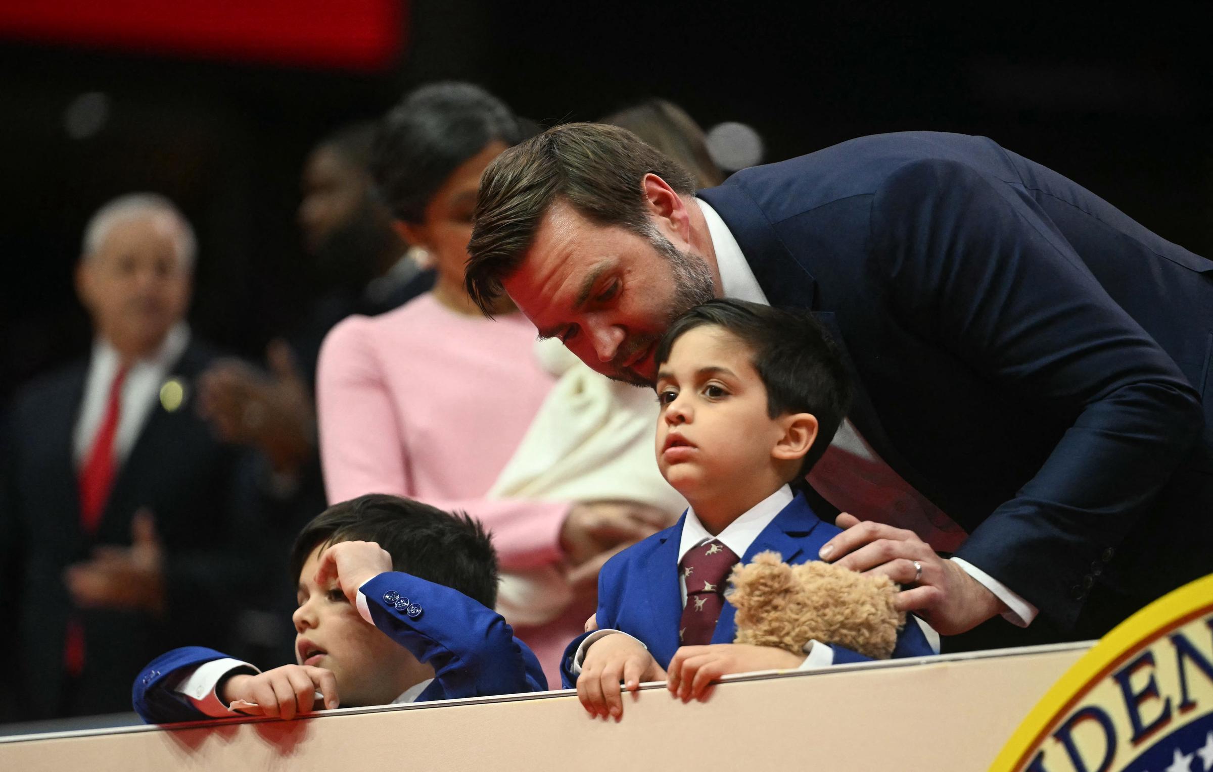 U.S. Vice President J.D. Vance speaks with his sons, Ewan and Vivek, at the inaugural in Washington | Source: Getty Images