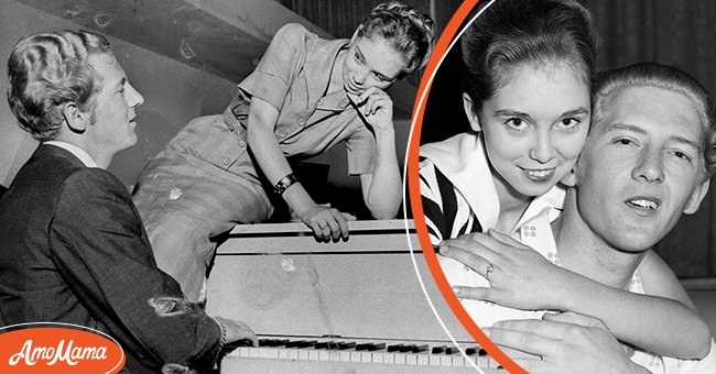 (L) Jerry Lee Lewis and his 13-year-old bride, Myra, at the Vafe De Paree nightclub. (R) Jerry Lee Lewis with his 15-year-old wife Myra on May 23, 1958 | Photo: Getty Images