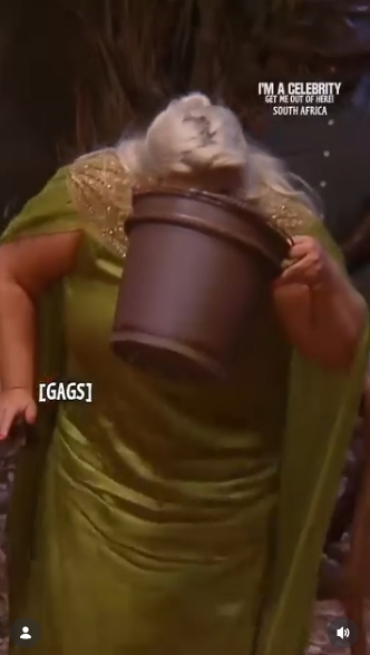 Head completely hidden inside a brown plastic bucket, Gemma Collins's olive green sequinned cape dress is the only thing confirming it is her standing there. Both hands grip the sides of the bucket as another 