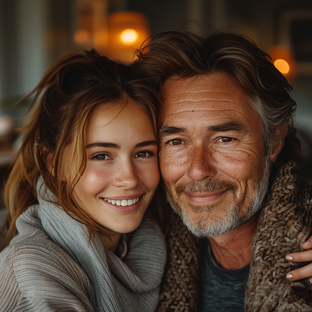 Young girl and her dad smiling at the camera | Source: Midjourney