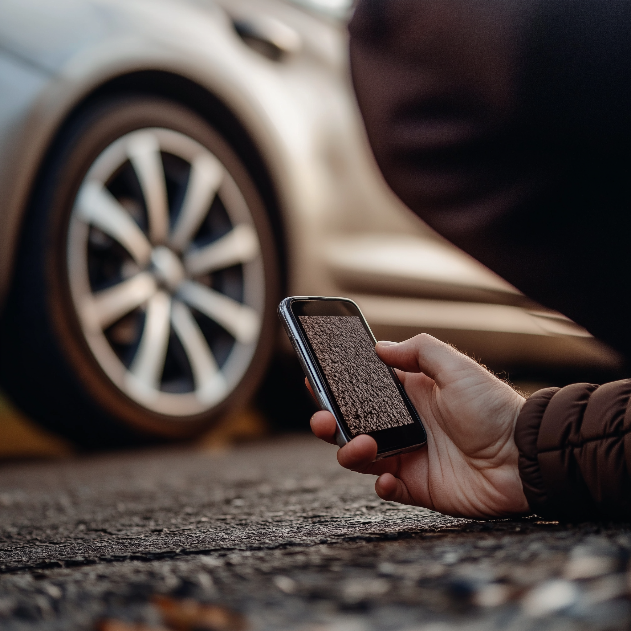 A person trying to take the picture of a flat tire | Source: Midjourney