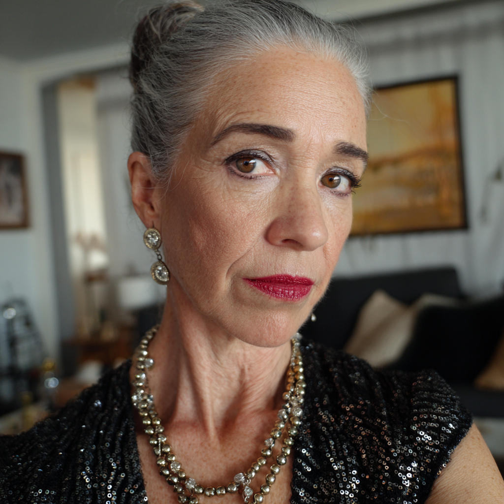 A close-up of an older woman a black sequined dress | Source: Midjourney