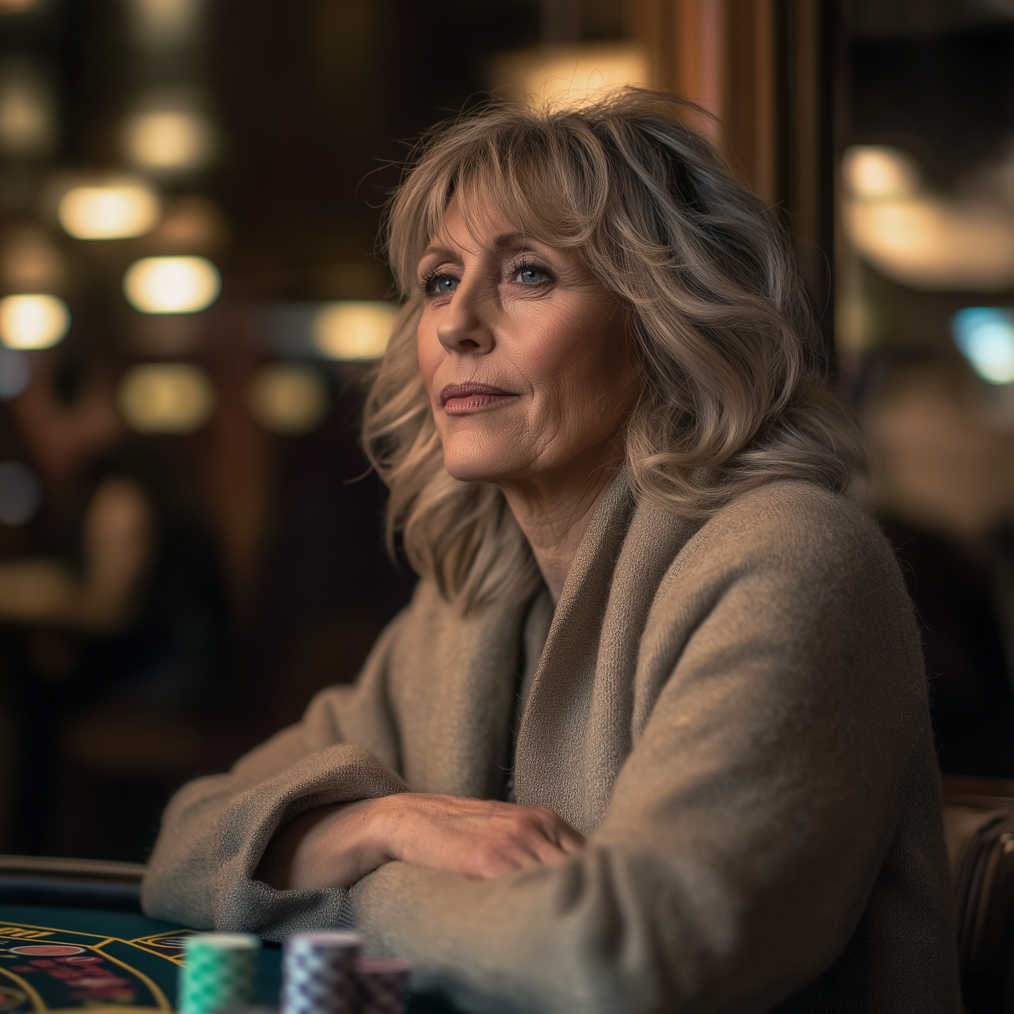 A senior woman looks exhausted while sitting in a casino | Source: Midjourney