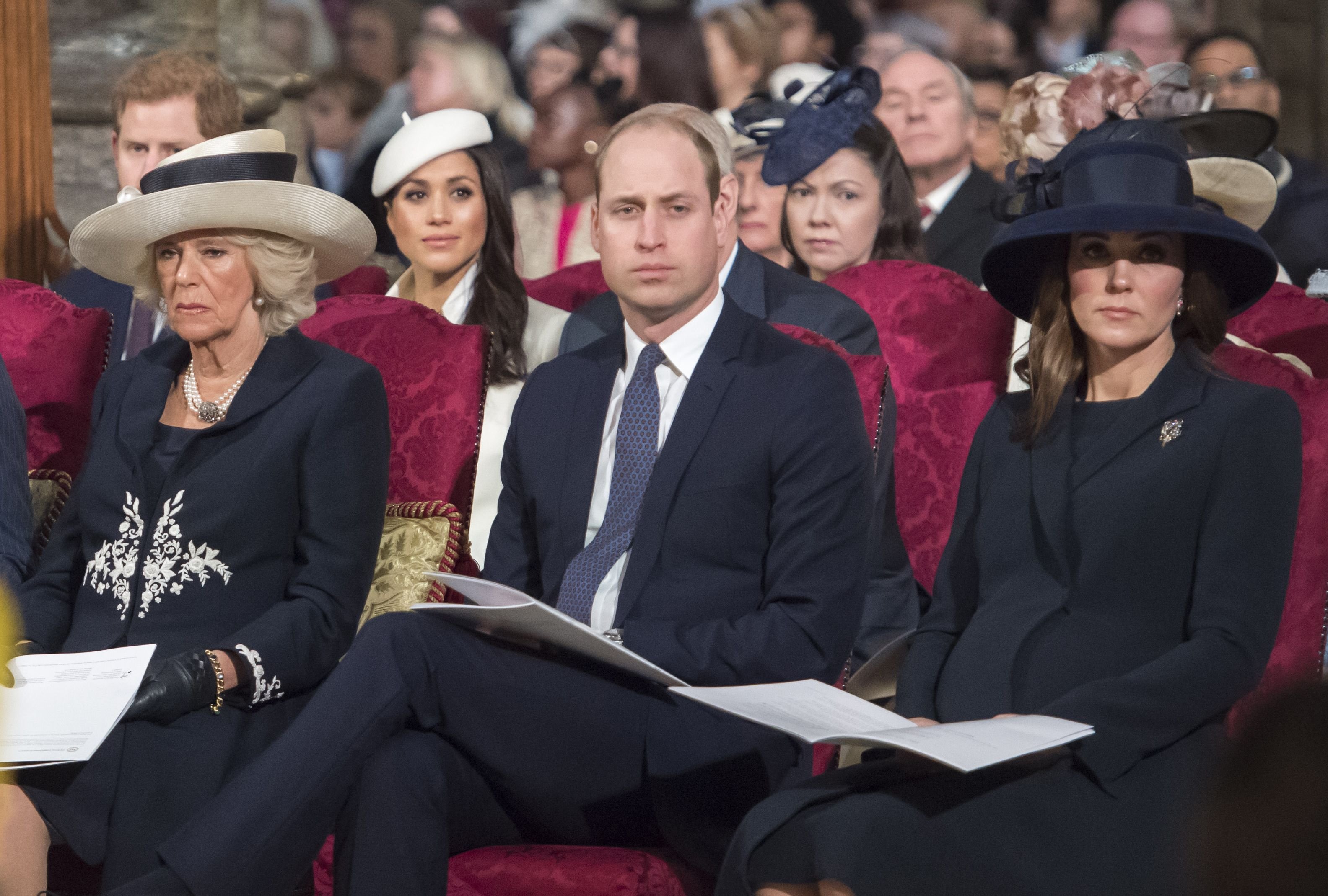Camilla, Duchess of Cornwall, actress Meghan Markle, Prince William, Duke of Cambridge and Catherine, Duchess of Cambridge attending a Commonwealth Day Service at Westminster Abbey on March 12, 2018 in London. / Source: Getty Images