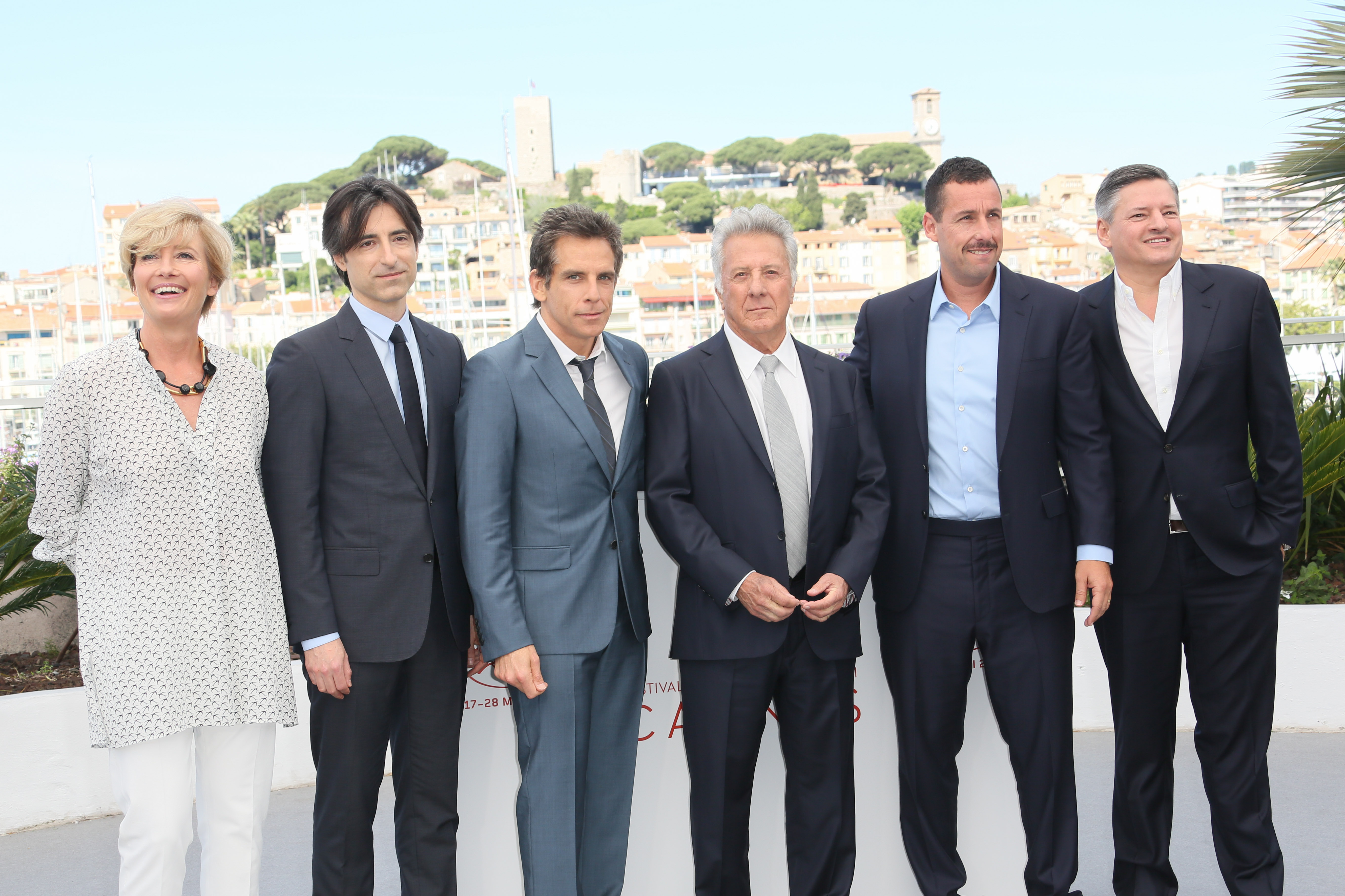 Emma Thompson, director Noah Baumbach, actors Ben Stiller, Dustin Hoffman, Adam Sandler and Netflix CEO Ted Sarandos at the "The Meyerowitz Stories" Photocall at the Cannes Film Festival in 2017 | Source: Getty Images