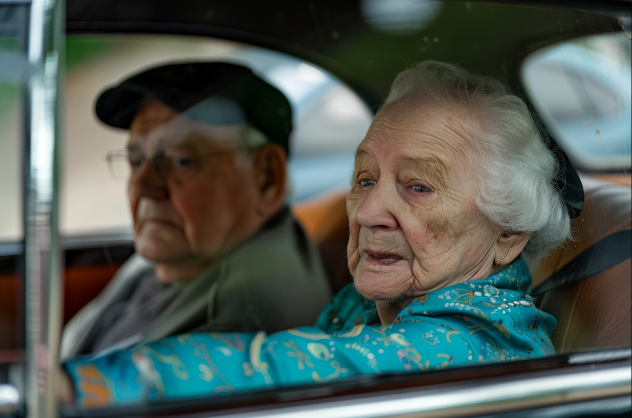 A sad elderly couple in a car | Source: MidJourney