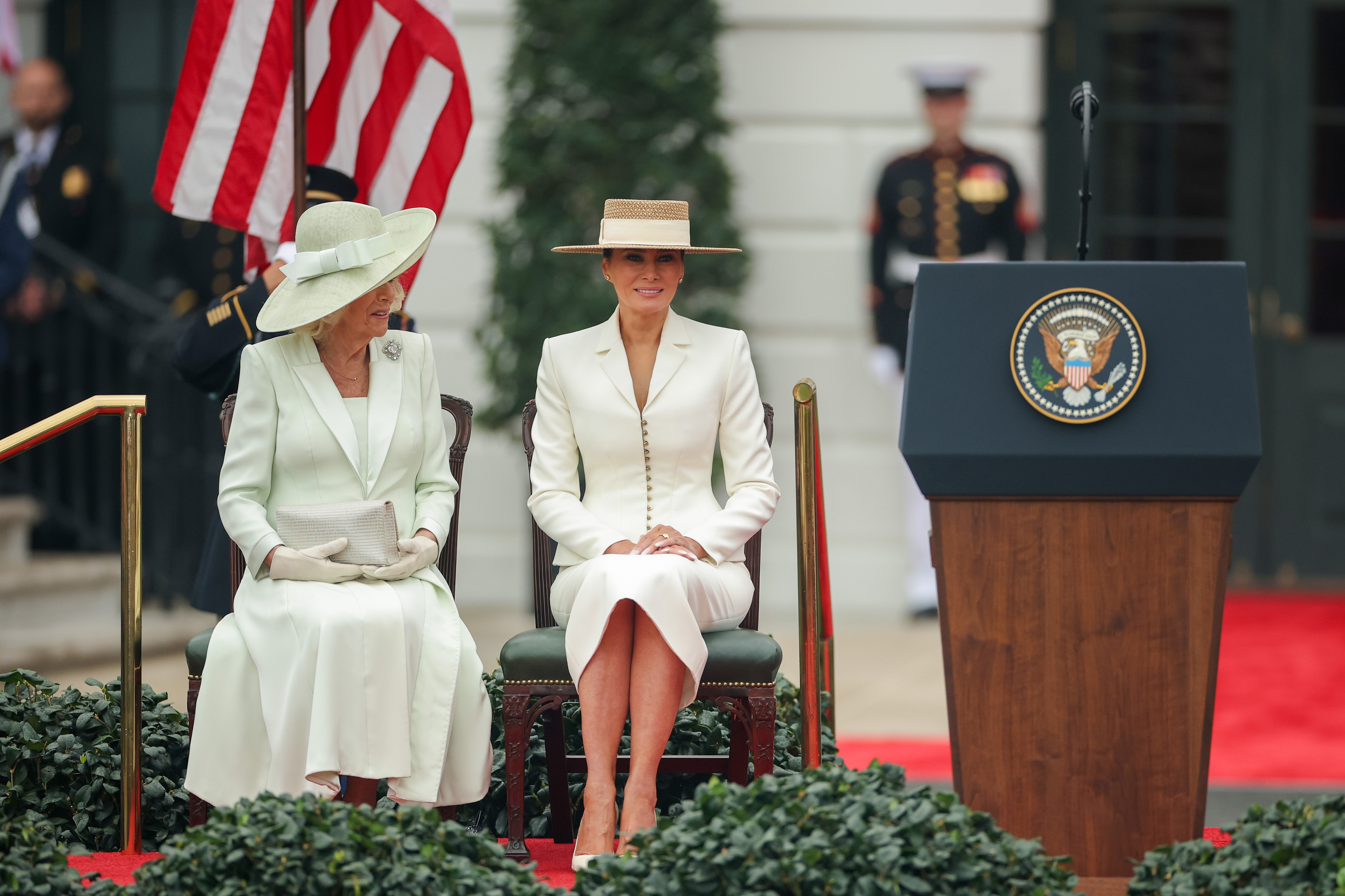 Queen Camilla and Melania Trump speak during a State Arrival Ceremony on the White House South Lawn, April 28, 2026. | Source: Getty Images