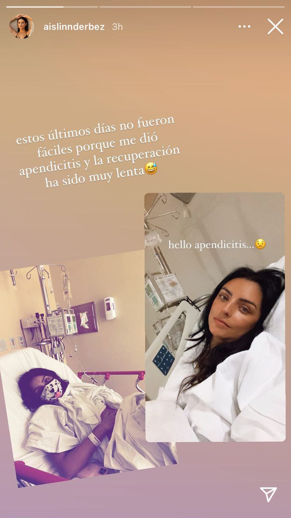 Aislinn Derbez recuperándose en el hospital luego de una apendicectomía. | Foto: Captura de Instagram/aislinnderbez.