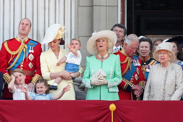 Prince Louis, Prince George, Prince William, Duke of Cambridge, Princess Charlotte, Catherine, Duchess of Cambridge, Camilla, Duchess of Cornwall, Prince Charles, Prince of Wales, Princess Anne, Princess Royal and Queen Elizabeth II during Trooping The Colour, the Queen's annual birthday parade, on June 08, 2019, in London, England. | Source: Getty Images.