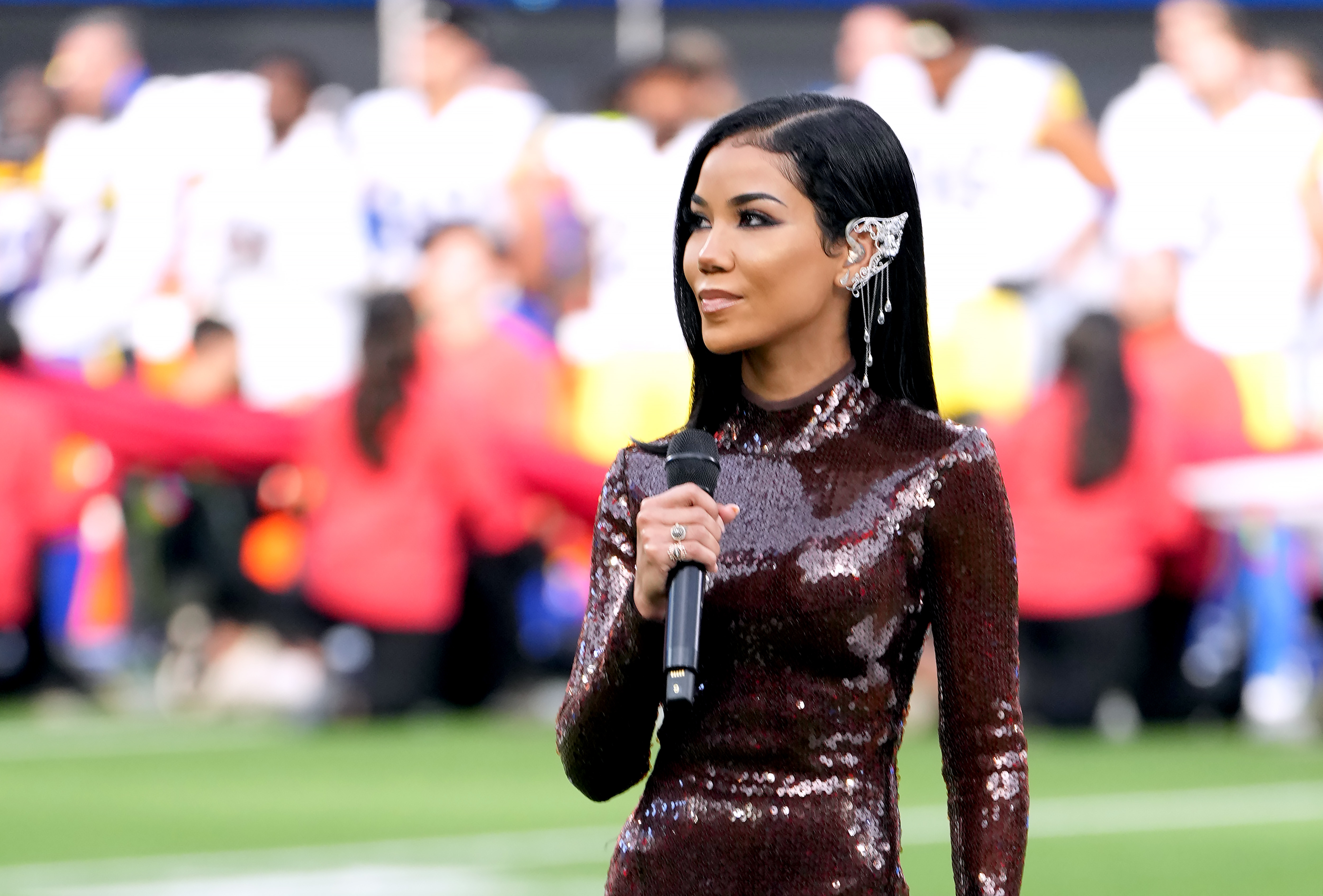 Jhené Aiko performs America the Beautiful during the Super Bowl LVI Pregame at SoFi Stadium on February 13, 2022, in Inglewood, California. | Source: Getty Images