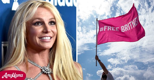 Image of Britney Spears alongside one of Corey Baily, 33, holding a flag during a #FreeBritney rally earlier this year | Source: Getty Images