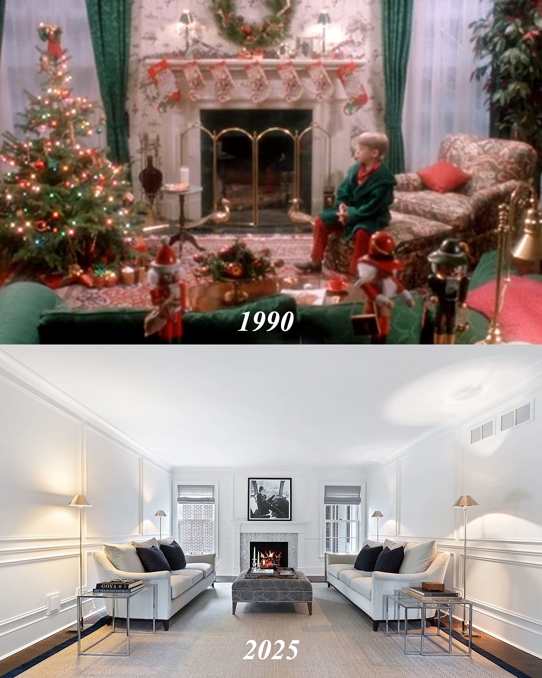 Gone are the nutcrackers and stockings — the McCallister living room now radiates minimalist elegance, yet the iconic fireplace remains, anchoring the space in a whisper of festive memory. | Source: Instagram/kjp
