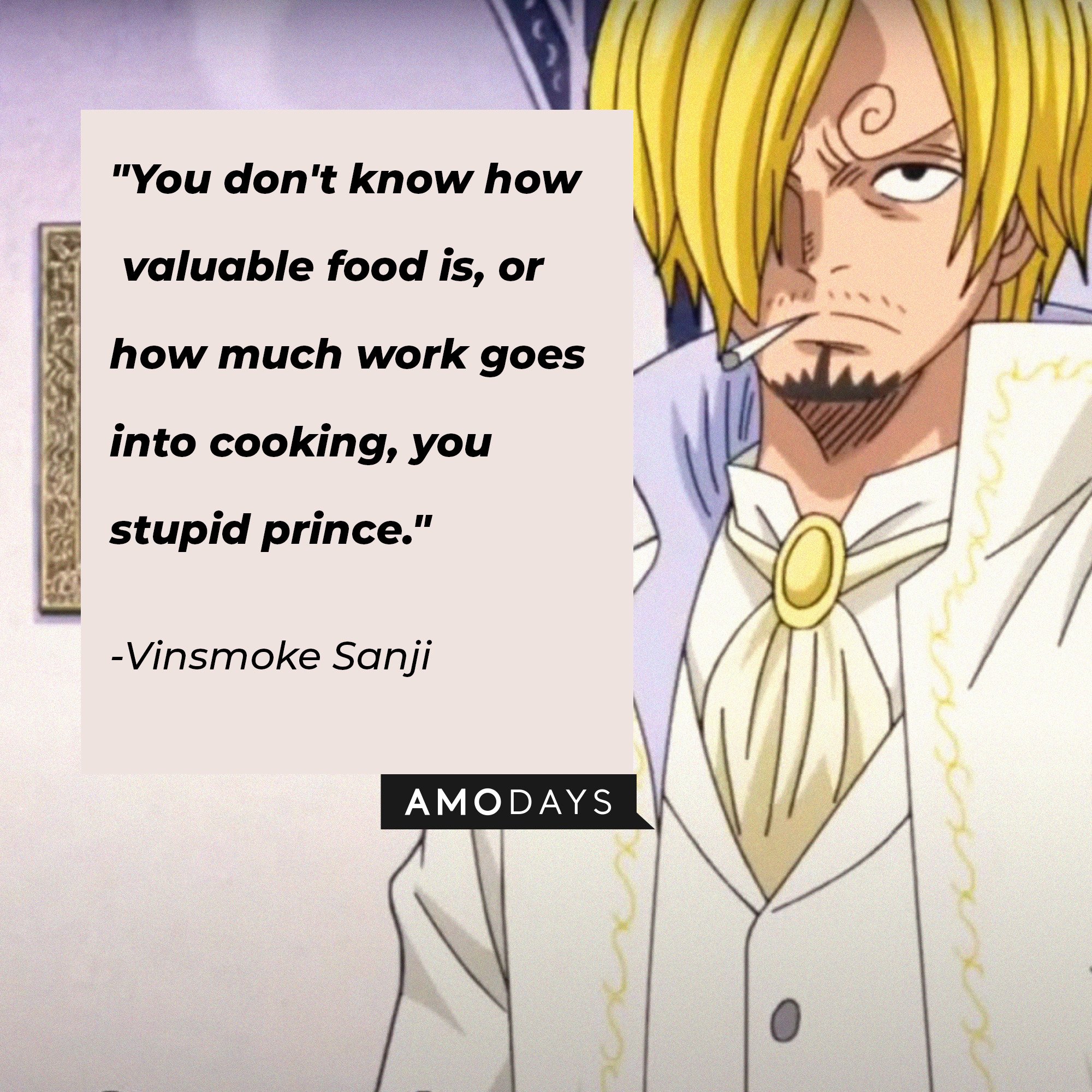 Vinsmoke Sanji's quote: "You don't know how valuable food is, or how much work goes into cooking, you stupid prince." | Image: AmoDays