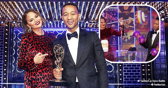John Legend wears black bob wig and poses with wrestling competition belt at Lip Sync Battle 