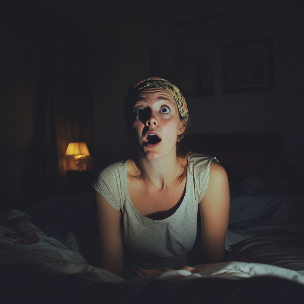 A shocked woman sitting on her bed | Source: Midjourney