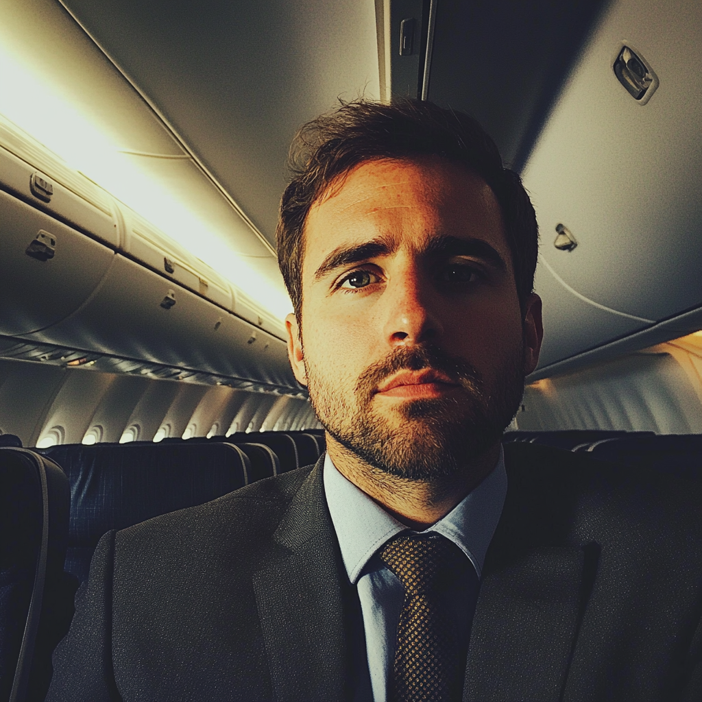 A man standing in an airplane aisle | Source: Midjourney