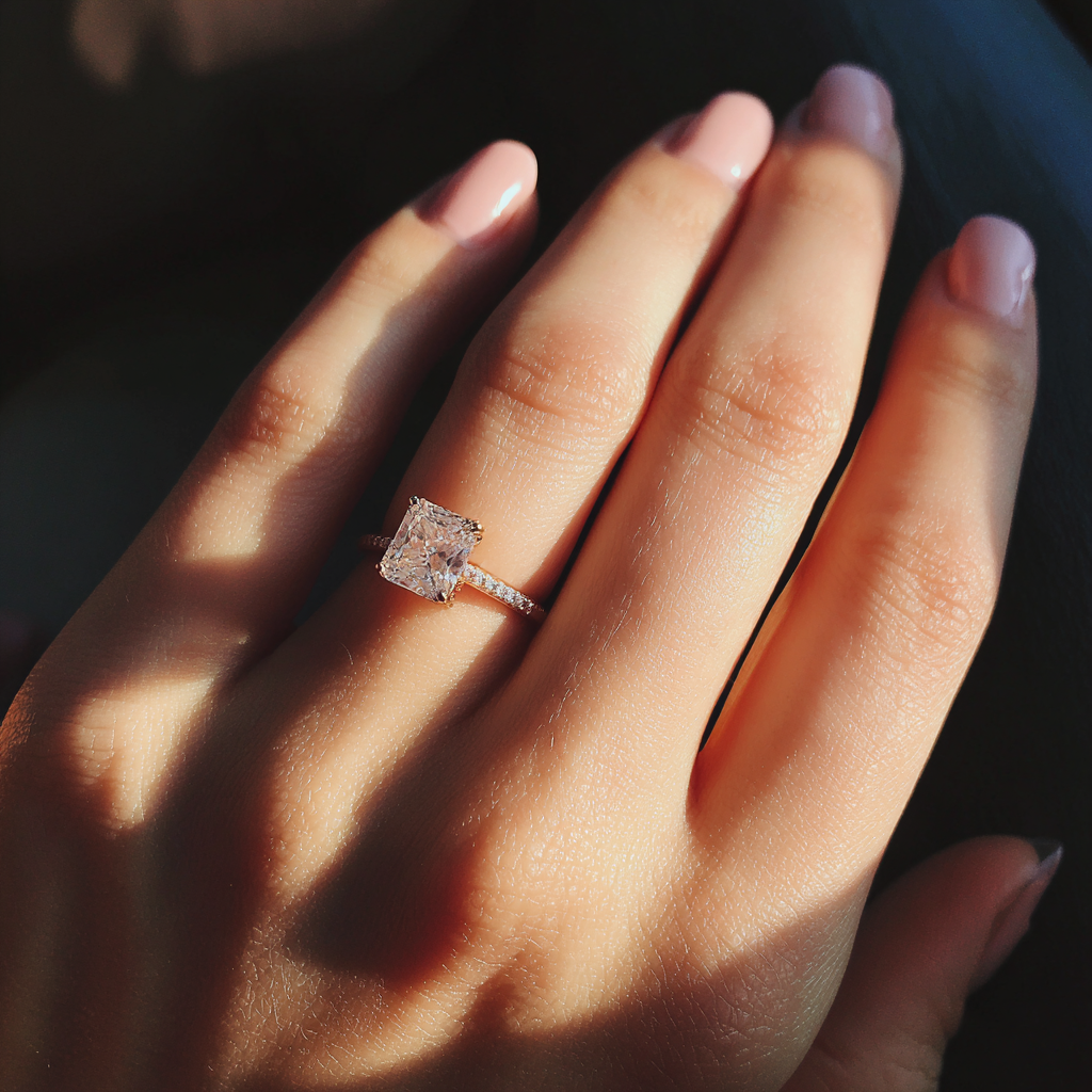 A woman showing off an engagement ring | Source: Midjourney