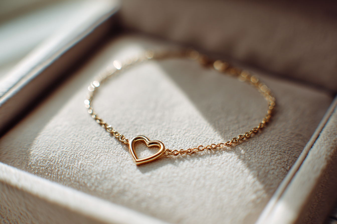 A delicate gold bracelet with a small heart-shaped charm | Source: Midjourney