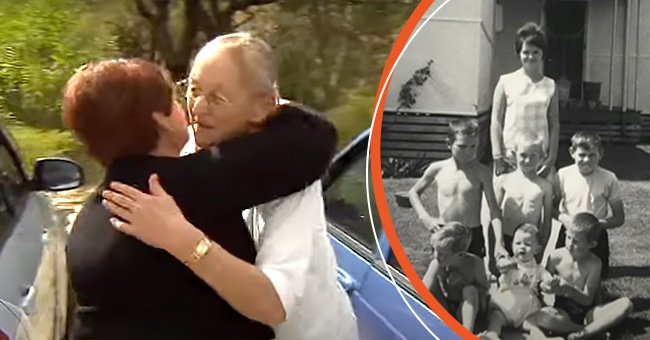 [Left] Katty and Carrol sharing a hug after reuniting as sisters; [Right] Carrol and six of her brothers when they were younger. | Source: youtube.com/Channel Seven Perth