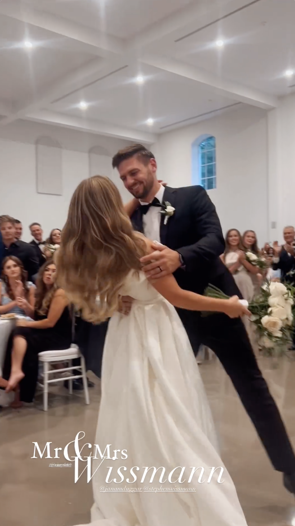 Stephen Wissmann leans in to Jana Duggar at their reception venue, as shared in an Instagram Story in August 2024 | Source: Instagram/alaythia.wissmann