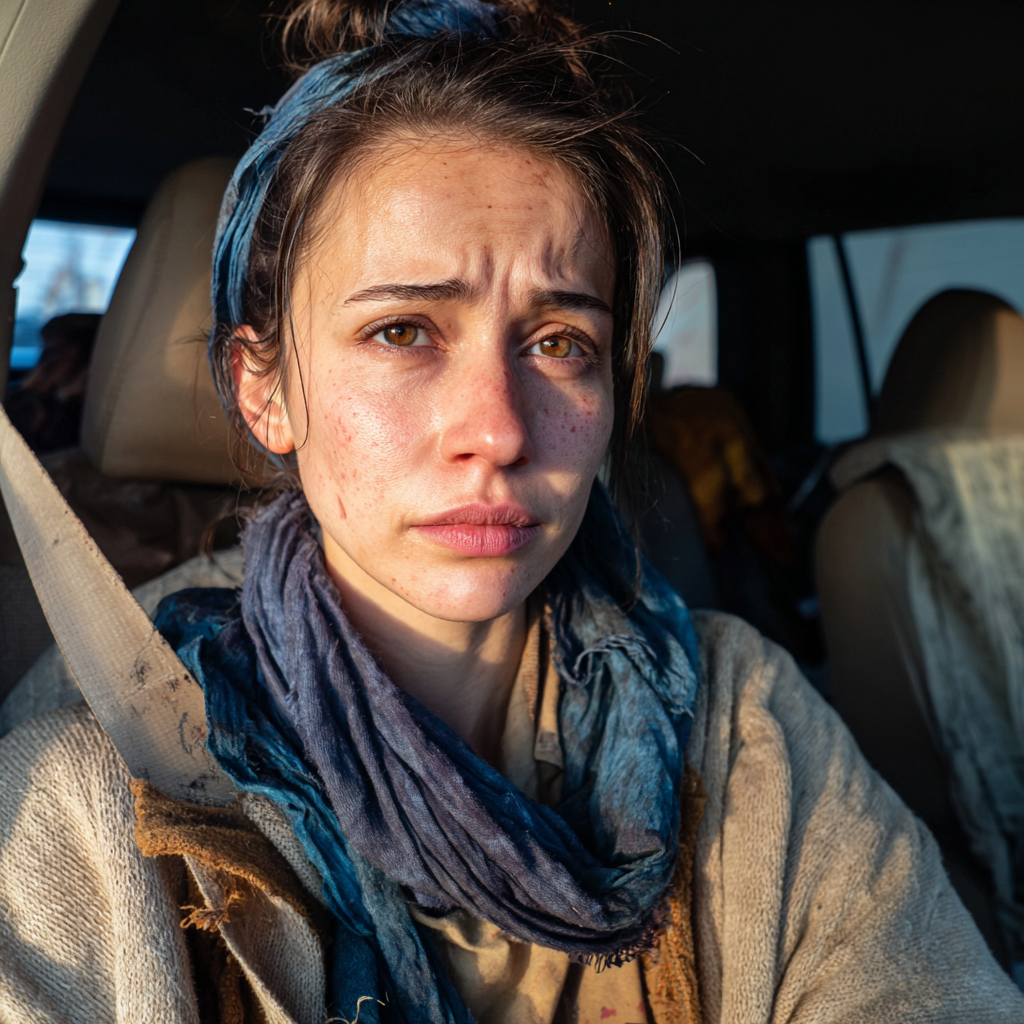 An upset woman driving a car | Source: Midjourney