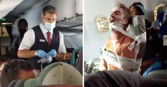 A flight attendant with duct tape in his hands [left]; a passenger duct-taped to his airplane seat [right]. | Source: youtube.com/Inside Edition