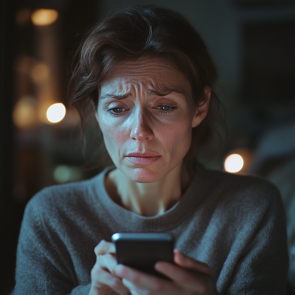 A distresed woman looking at an Instagram Story post | Source: Midjourney