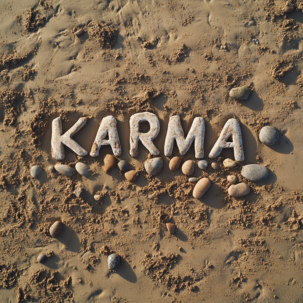 Close-up drone shot of the word "KARMA" on a sandy beach | Source: Midjourney