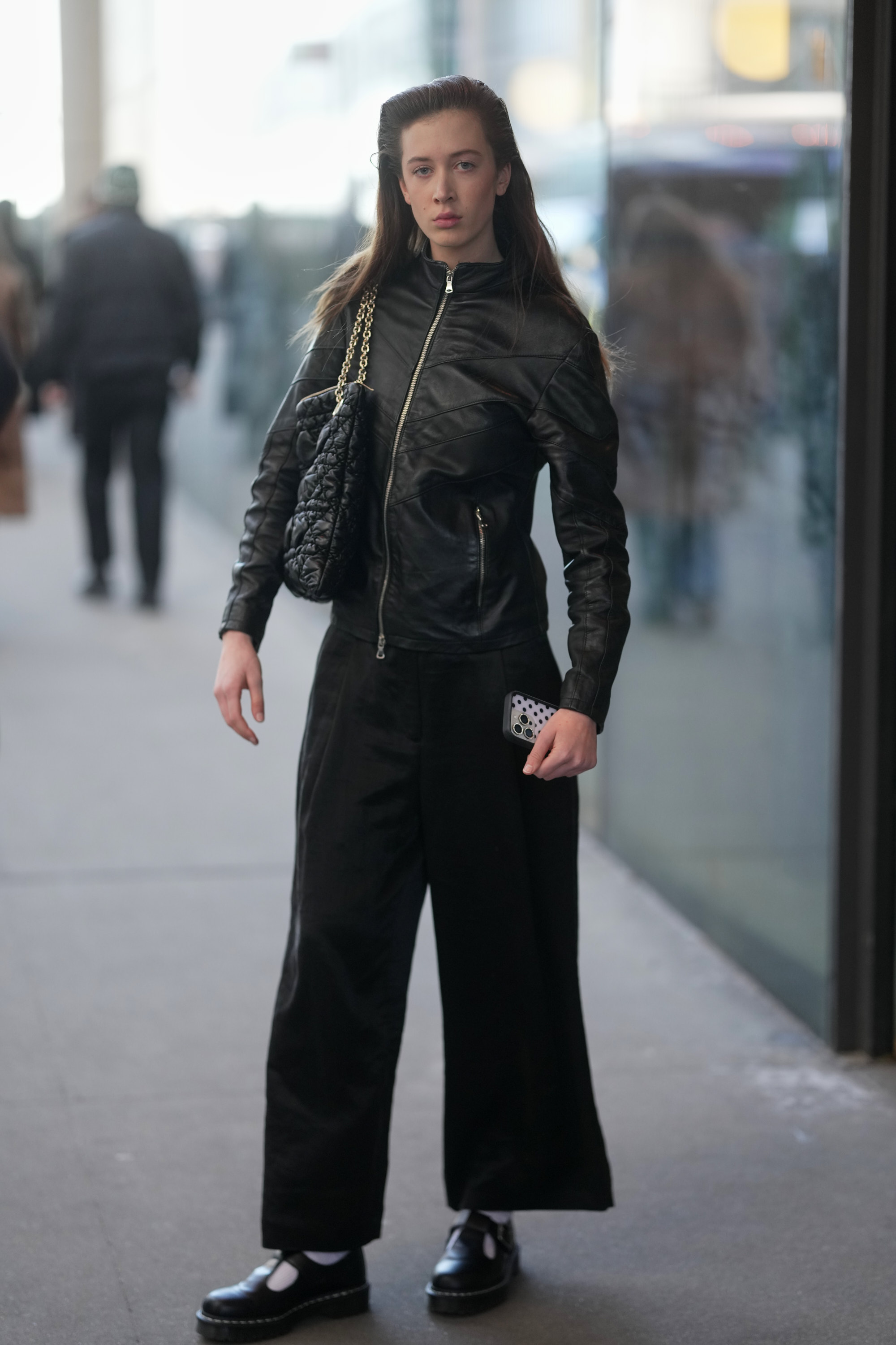 Sunday Rose Kidman Urban is seen wearing a black leather zip-up jacket and black wide-leg trousers during New York Fashion Week Fall Winter on February 13, 2026, in New York City.