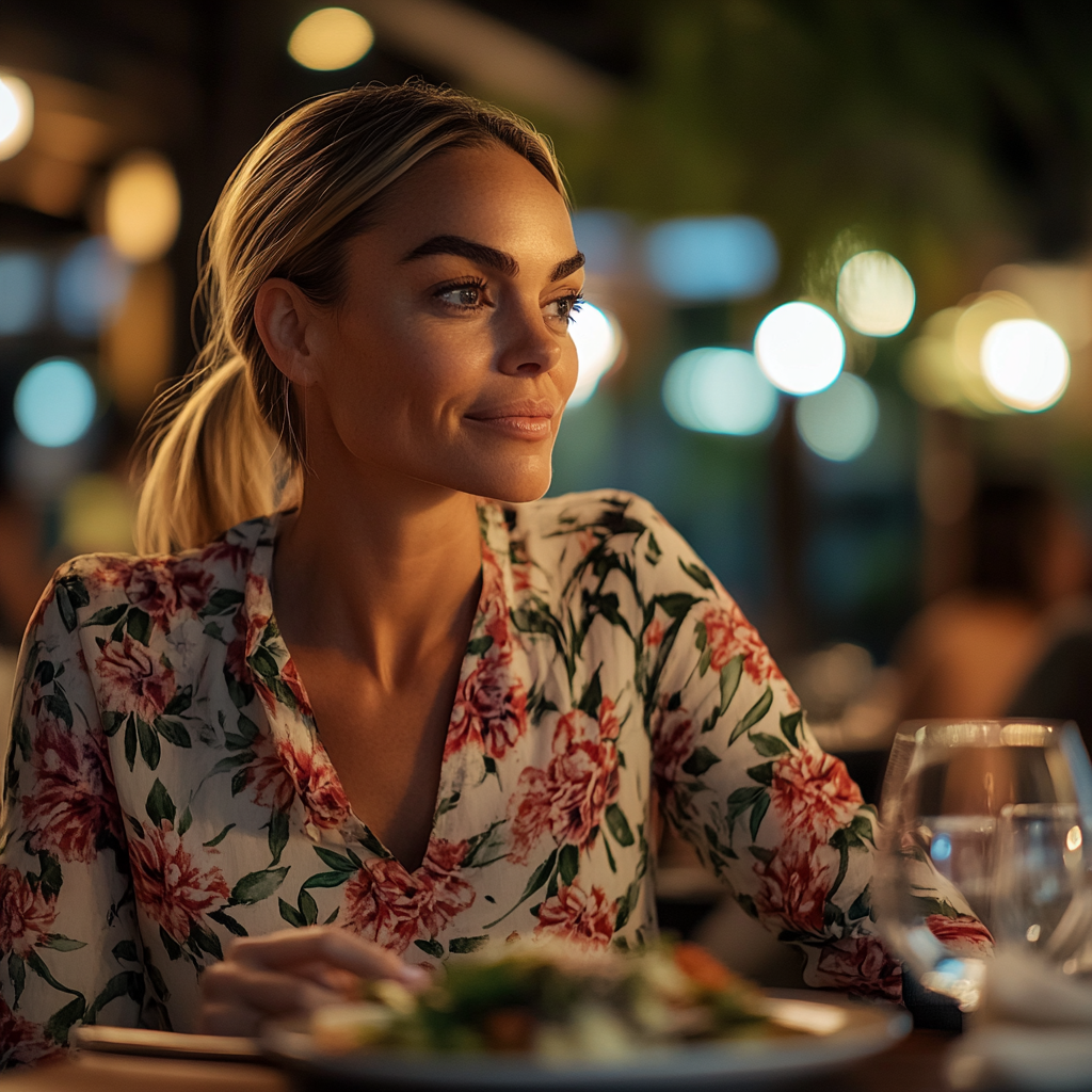 A woman having dinner in a restaurant | Source: Midjourney