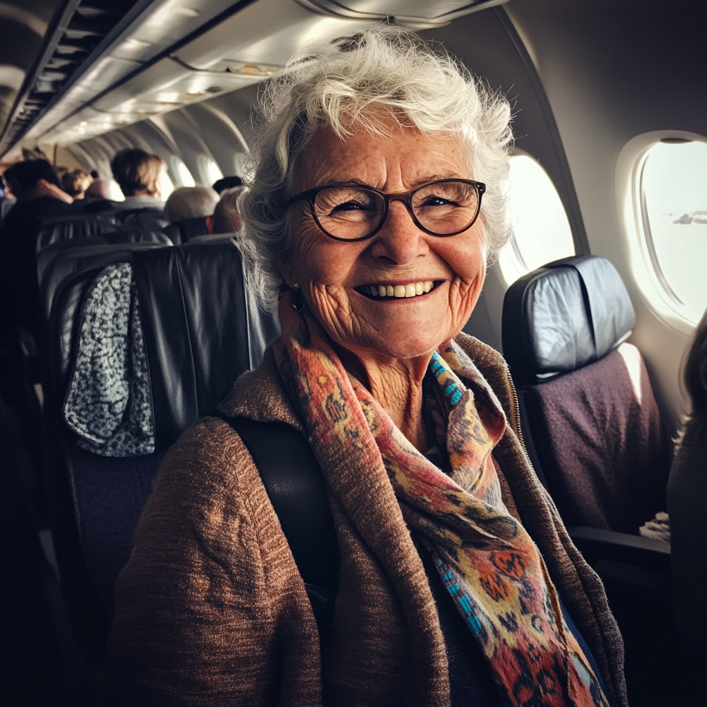 A grandmother in an airplane | Source: Midjourney