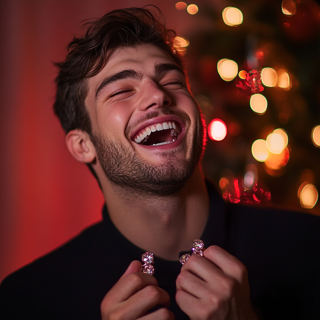 A man holding a pair of earrings and laughing | Source: Midjourney