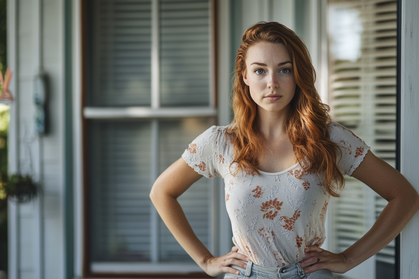 A woman standing on a front porch | Source: Midjourney