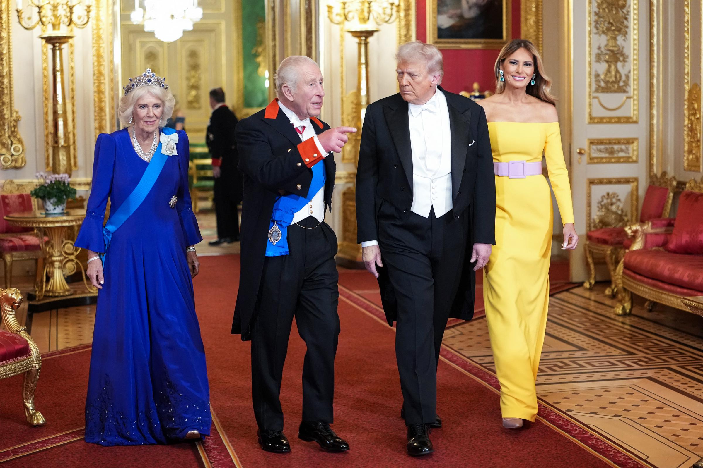 Queen Camilla and Melania Trump walking with King Charles III and Donald Trump. | Source: Getty Images