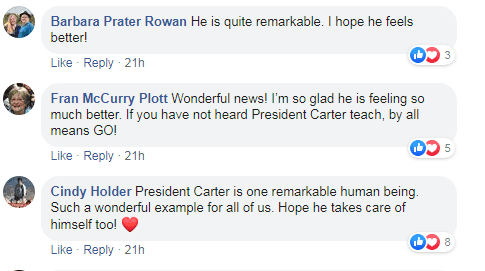Comments from Facebook users on the news of Jimmy Carter's return to giving Sunday school lessons after fracturing his hip. | Source: Facebook/MBCPlains