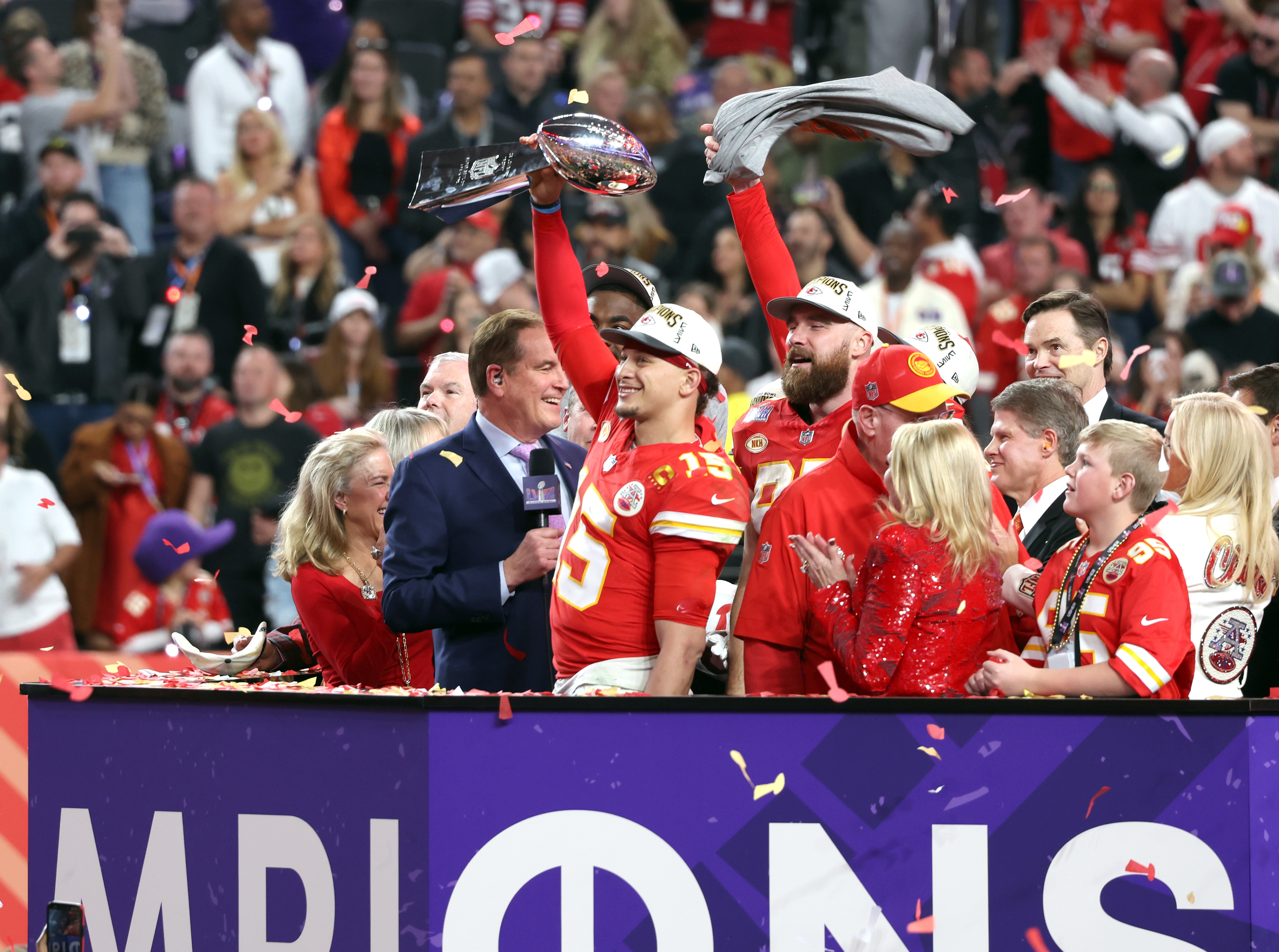 Patrick Mahomes and Travis Kelce after at the Super Bowl LVIII Pregame at Allegiant Stadium on February 11, 2024 in Las Vegas, Nevada. | Source: Getty Images