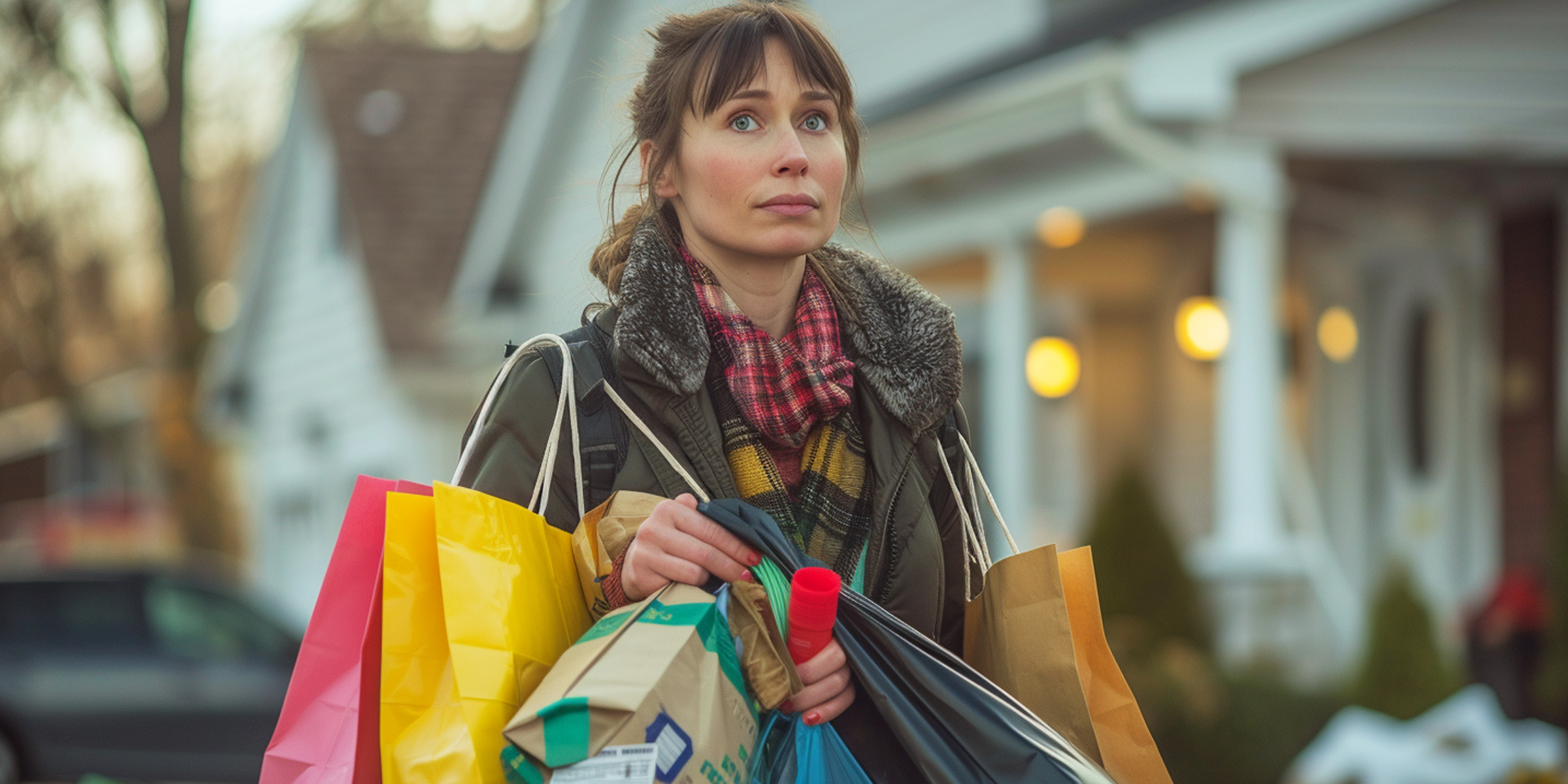 A woman with bags outside | Source: Midjourney